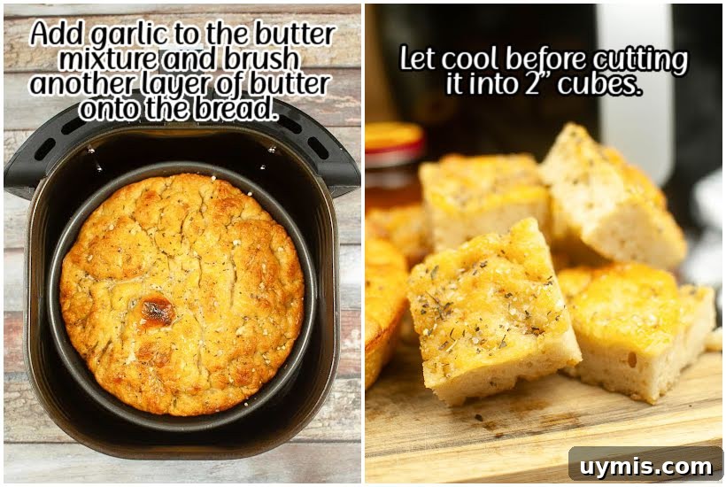 Crispy Air Fryer Focaccia Bread Recipe 7 Garlic and butter brushed onto Focaccia bread in air fryer and bread cut into cubes