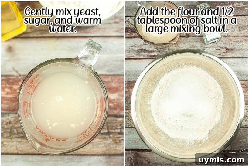 Crispy Air Fryer Focaccia Bread Recipe 4 Two images of yeast, sugar, and warm water in a mixing cup and flour added to a large bowl.