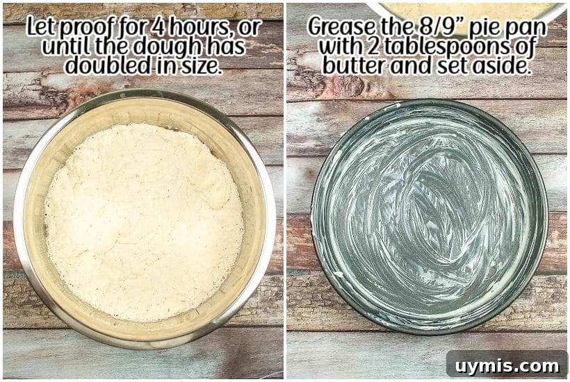 Crispy Air Fryer Focaccia Bread Recipe 5 Side by side images of dough after rising and a greased pie pan.