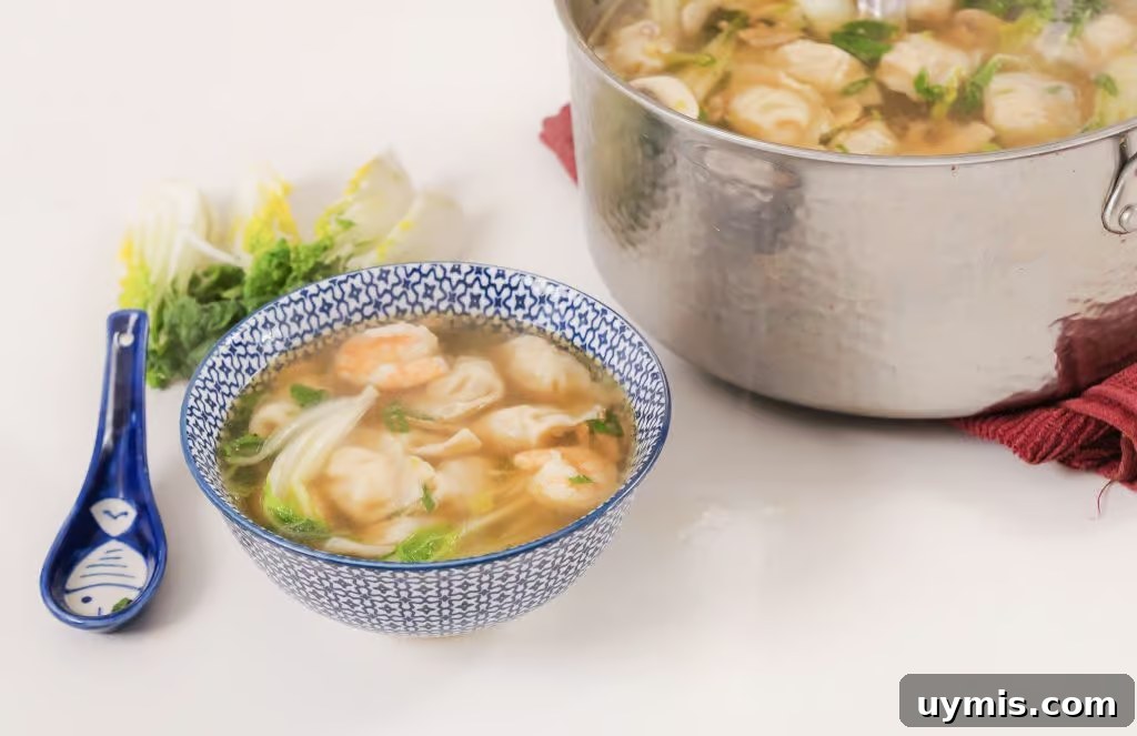 Homemade Wonton Soup Recipe with Pork and Shrimp 7 Homemade Wonton Soup in a blue and white china bowl