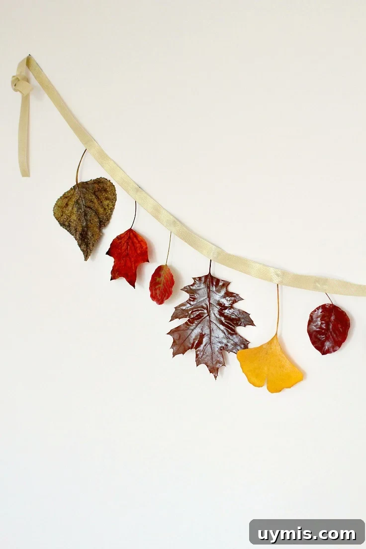 DIY Fall Leaf Garland for Cozy Autumn Home Decor 2 Leaves garland made with real leaves in various fall colors and ribbon