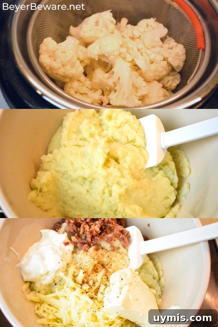Loaded Keto Mashed Cauliflower Casserole 6 Keto loaded mashed cauliflower casserole is loaded with white cheddar cheese and bacon while made smooth as mashed potatoes with sour cream and cream cheese as it bakes to perfection.