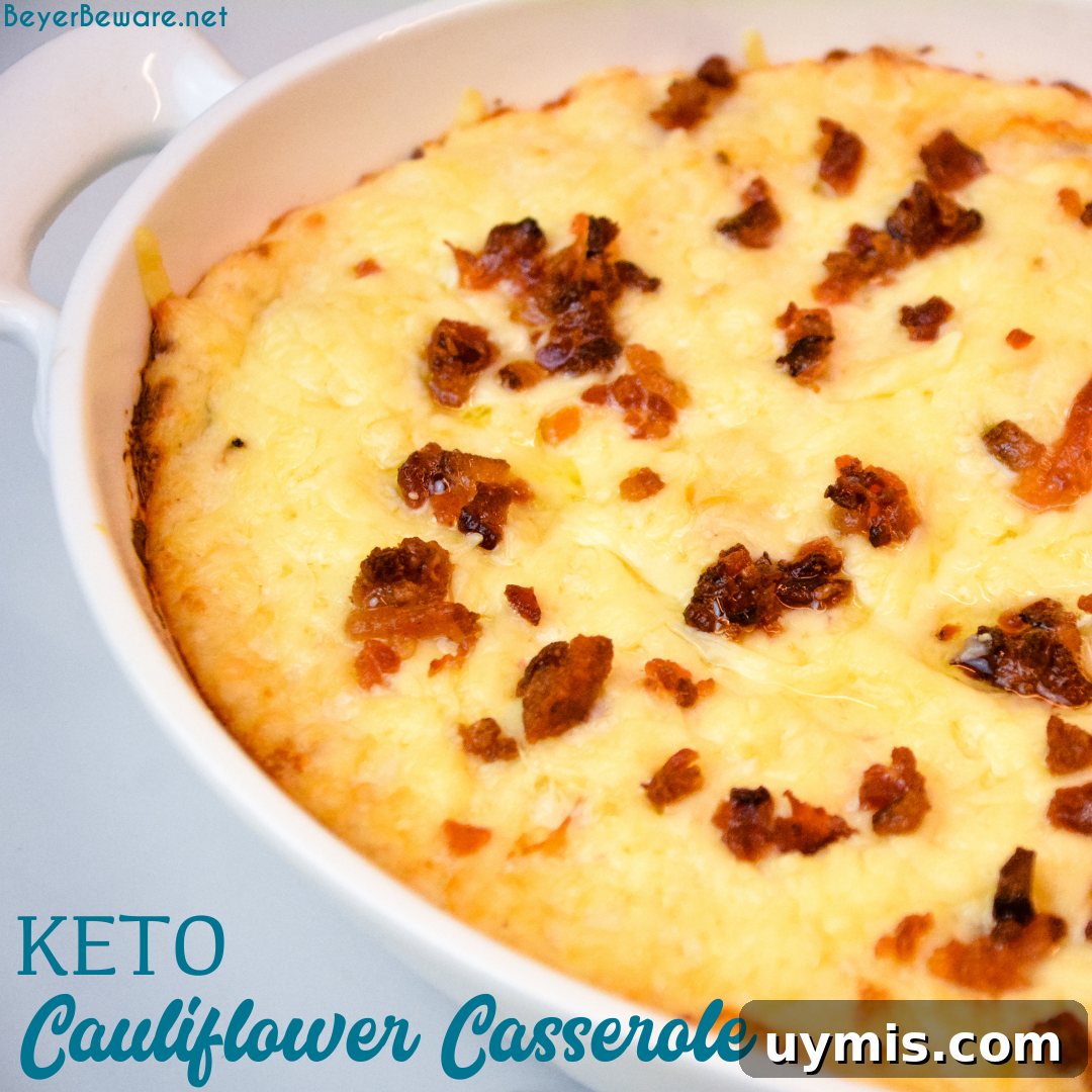 Loaded Keto Mashed Cauliflower Casserole 8 Keto cauliflower casserole is a loaded mashed cauliflower with white cheddar cheese and bacon to substitute for your mashed potatoes.