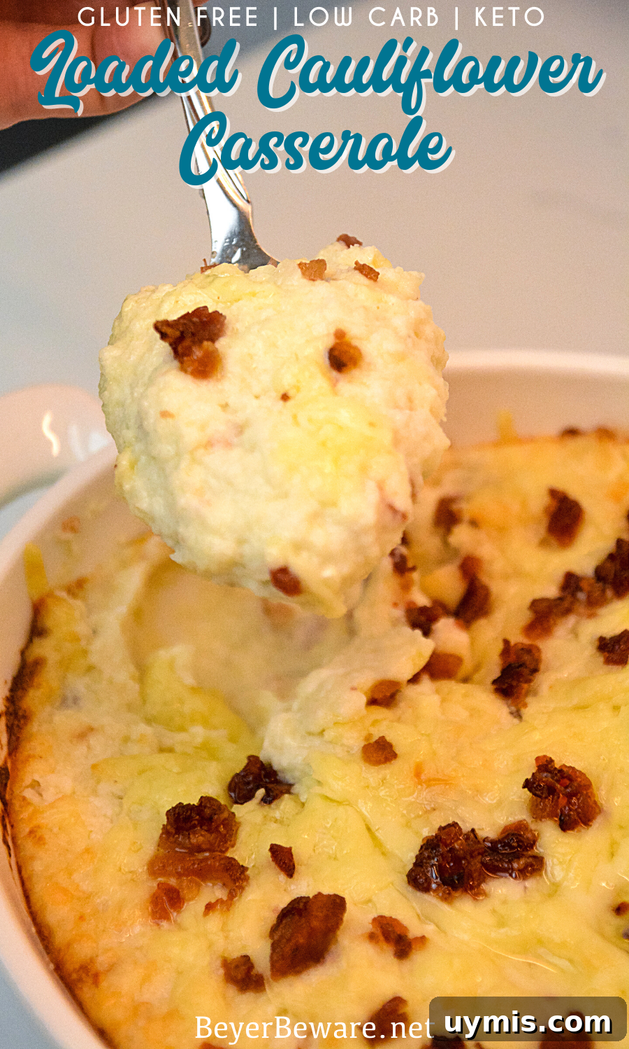 Loaded Keto Mashed Cauliflower Casserole 9 Keto cauliflower casserole is a loaded mashed cauliflower with white cheddar cheese and bacon to substitute for your mashed potatoes.