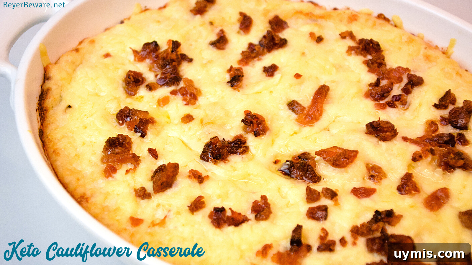 Loaded Keto Mashed Cauliflower Casserole 10 Keto cauliflower casserole is a loaded mashed cauliflower with white cheddar cheese and bacon to substitute for your mashed potatoes.