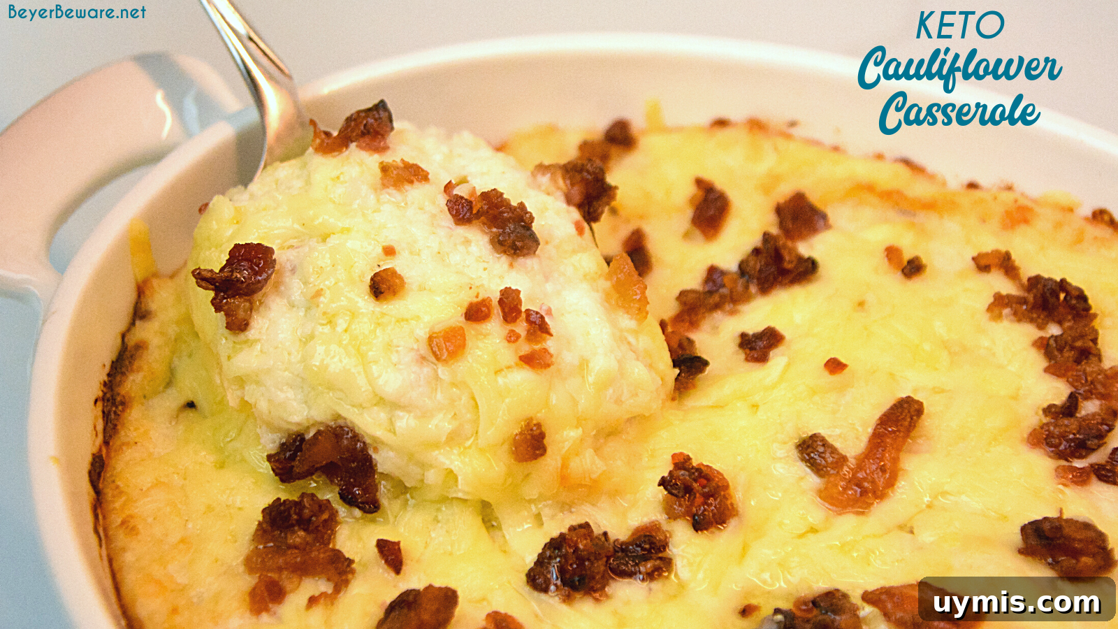 Loaded Keto Mashed Cauliflower Casserole 3 Keto cauliflower casserole is a loaded mashed cauliflower with white cheddar cheese and bacon to substitute for your mashed potatoes.