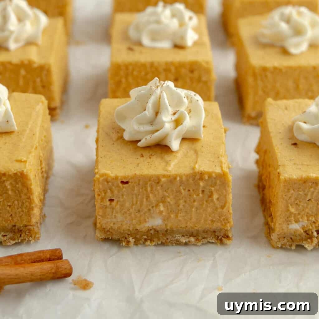 Lemon Icebox Pie Recipe with Creamy No Bake Filling 13 Up close pumpkin cheesecake bar with other cheesecake squares topped with whipped cream.
