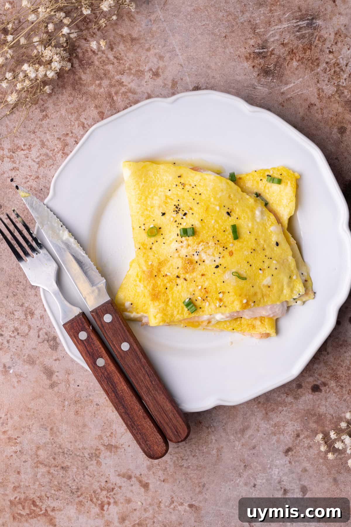 Smoked Salmon Omelet with Lox and Schmear, 5 Ingredients 2 Lox and Cream Cheese Omelet sliced in half and stacked on a plate.