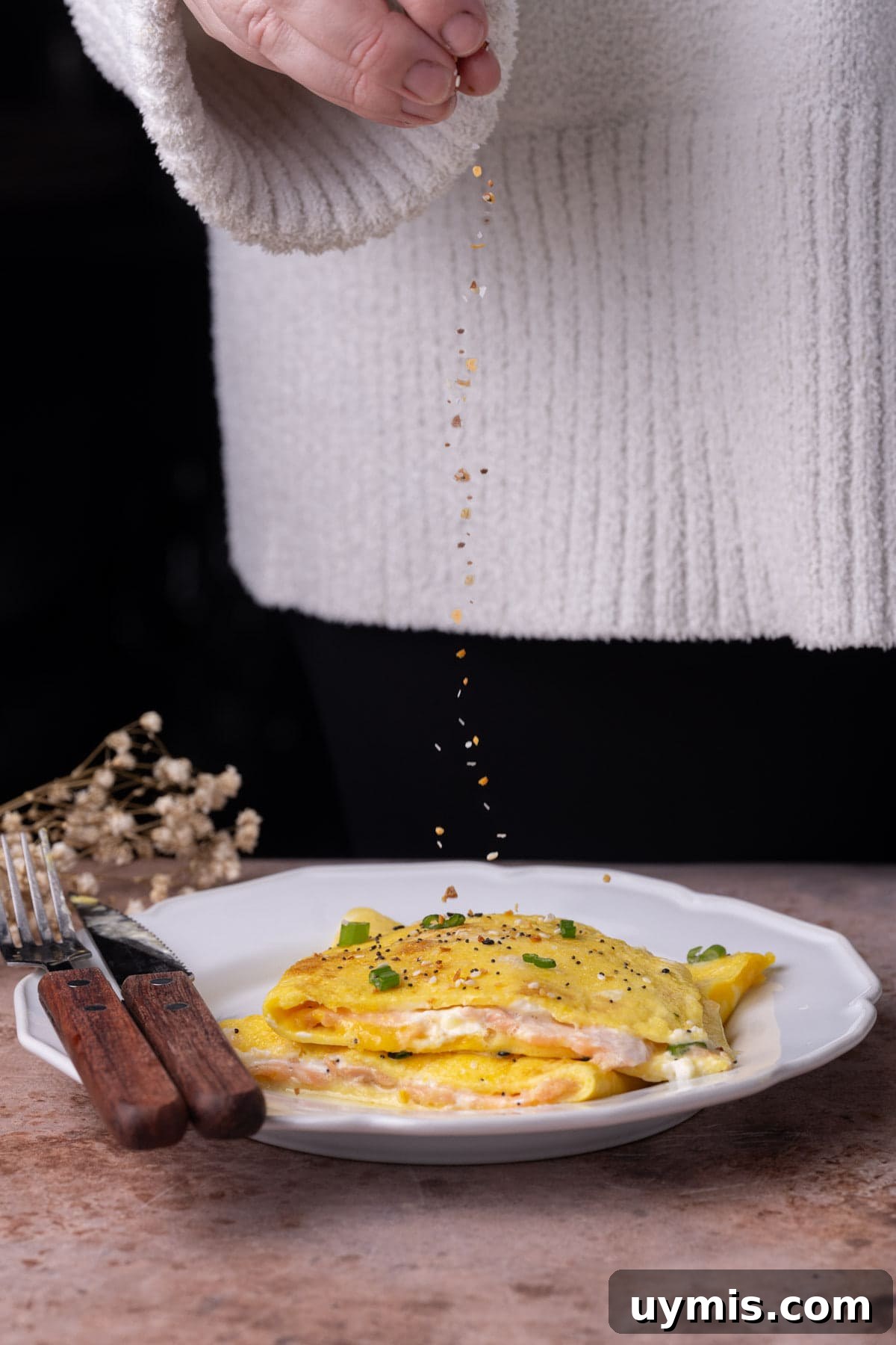 Smoked Salmon Omelet with Lox and Schmear, 5 Ingredients 11 Sprinkling everything but the bagel seasoning on top of lox and cream cheese omelet.