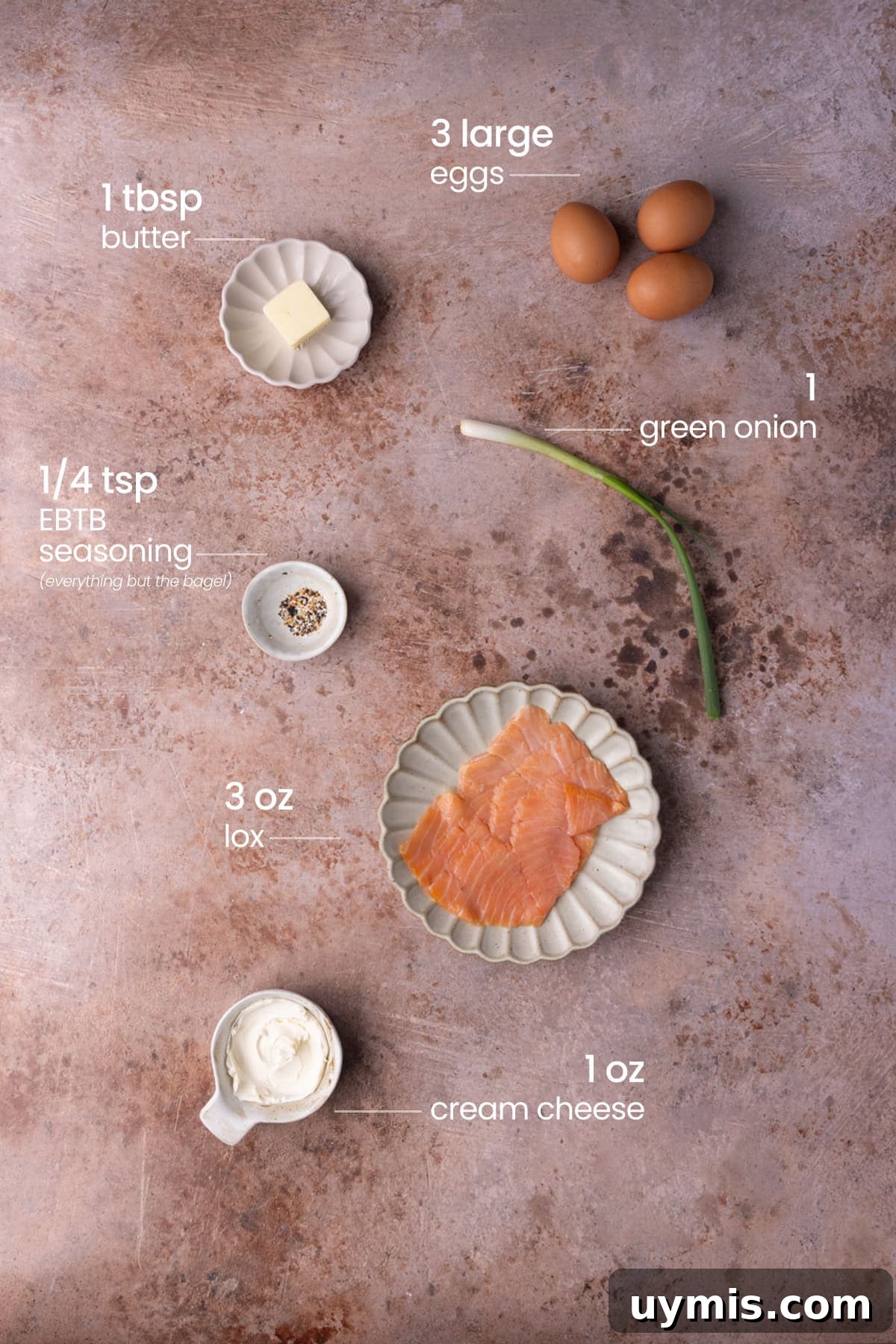 Smoked Salmon Omelet with Lox and Schmear, 5 Ingredients 3 All ingredients needed for Lox and Schmear Omelet including eggs, butter, green onion, everything but the bagel seasoning, lox, and cream cheese.