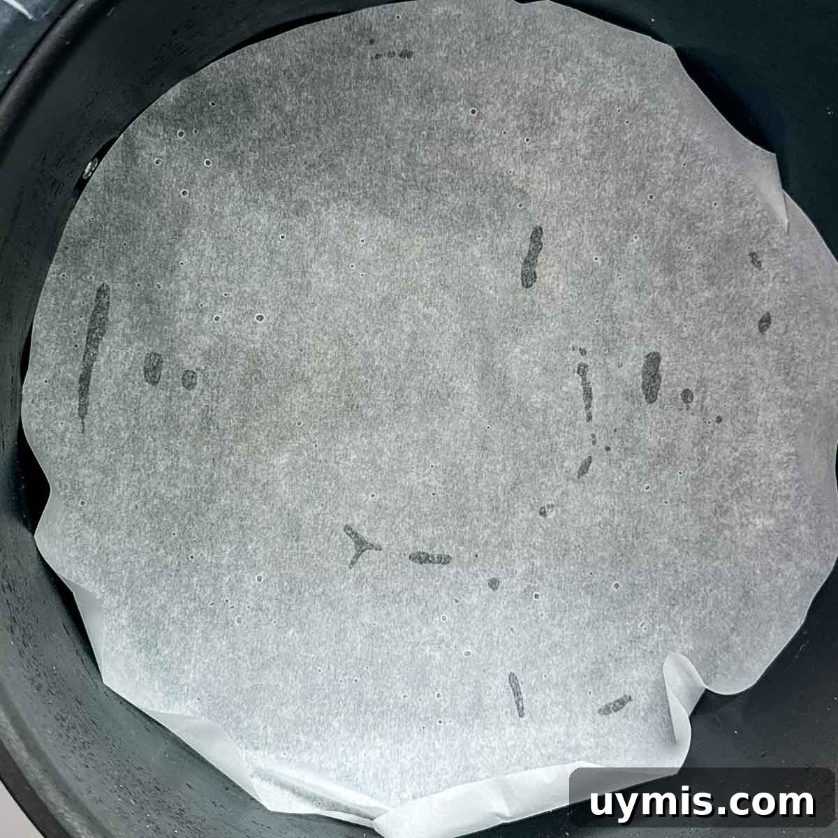 Parchment paper is shown in the base of an air fryer basket.