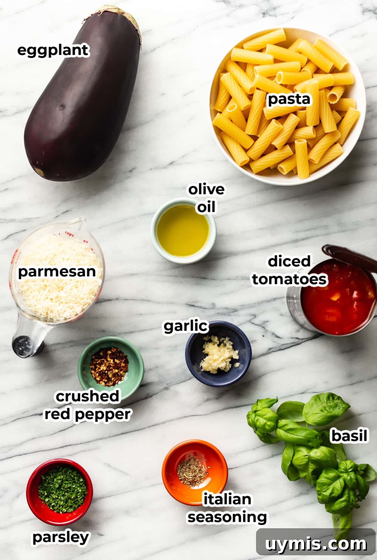 Pasta alla Norma: Spicy Sicilian Eggplant Pasta 3 ingredients for pasta alla norma in prep bowls