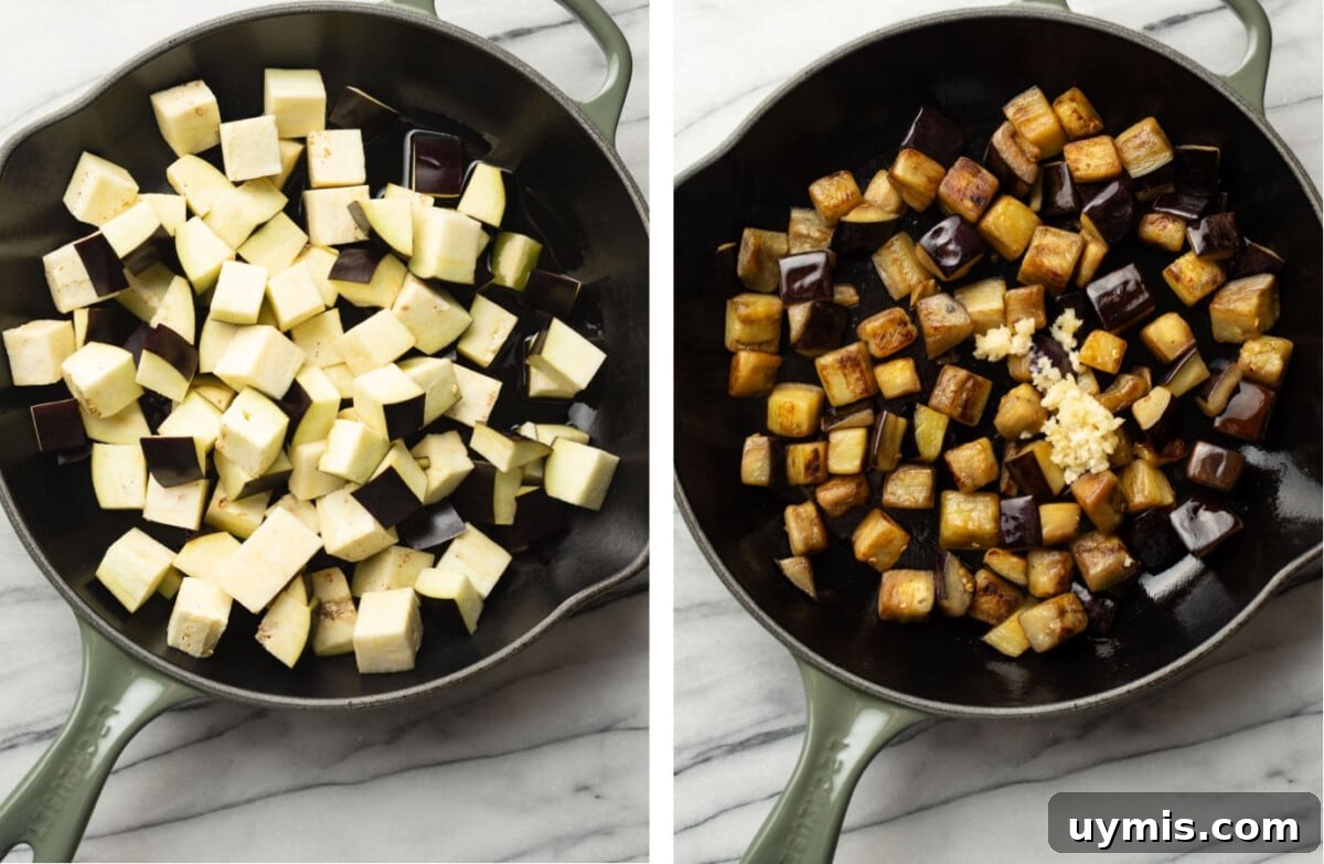 Pasta alla Norma: Spicy Sicilian Eggplant Pasta 4 sauteing eggplant in a skillet and adding garlic
