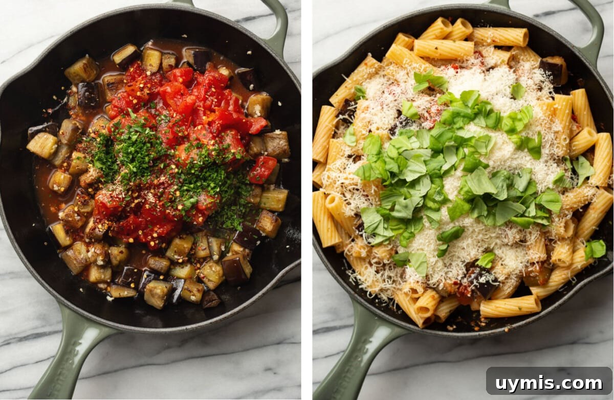 Pasta alla Norma: Spicy Sicilian Eggplant Pasta 5 making spicy eggplant sauce in a skillet and tossing with rigatoni
