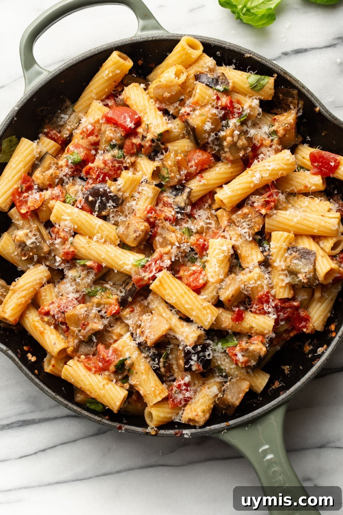 Pasta alla Norma: Spicy Sicilian Eggplant Pasta 6 a skillet with pasta alla norma
