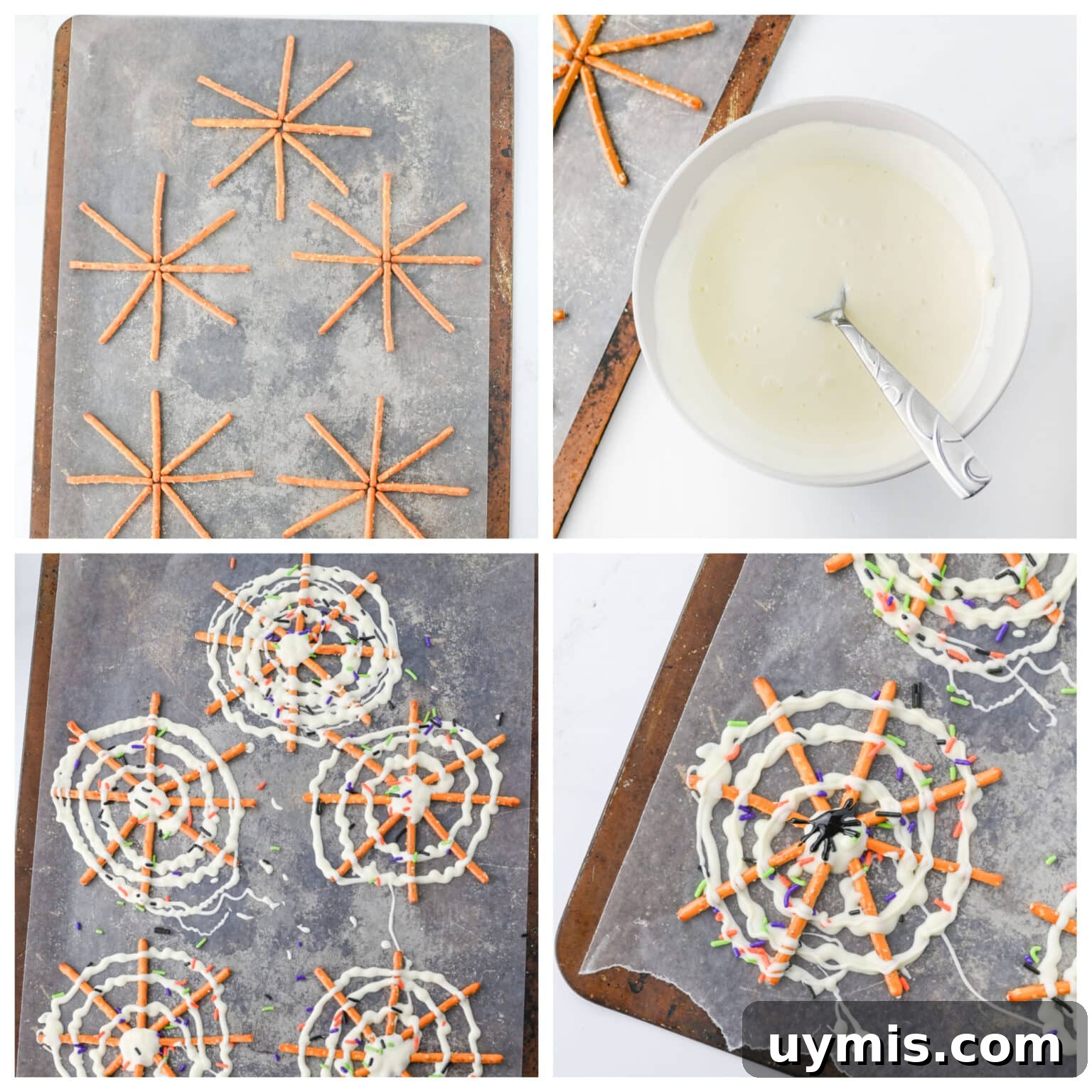How to Make Spider Web Pretzels for Halloween 6 collage showing step by step on how to make spider web pretzels