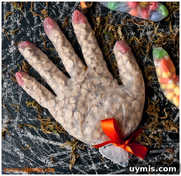 Spooky Candy Goodie Bags in Gloves on Rustic Black Background
