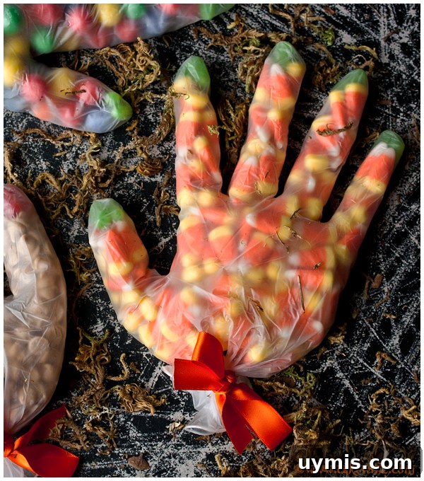 Halloween Party Bags Using Plastic Gloves and Filled With Candy Corns on Rustic Black Background